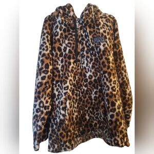 Pink Cheetah Print Sherpa 1/2 Zip Hoodie Size Large